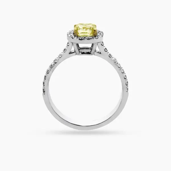 Yellow Cushion Shape Halo Diamond Ring with Side Stones