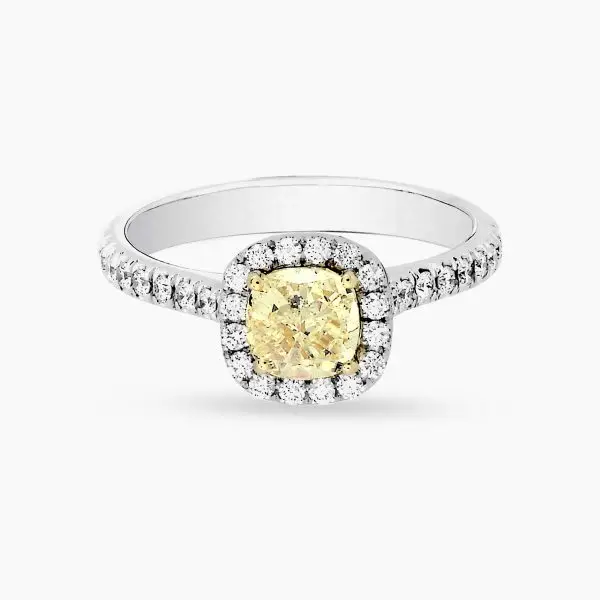 Yellow Cushion Shape Halo Diamond Ring with Side Stones