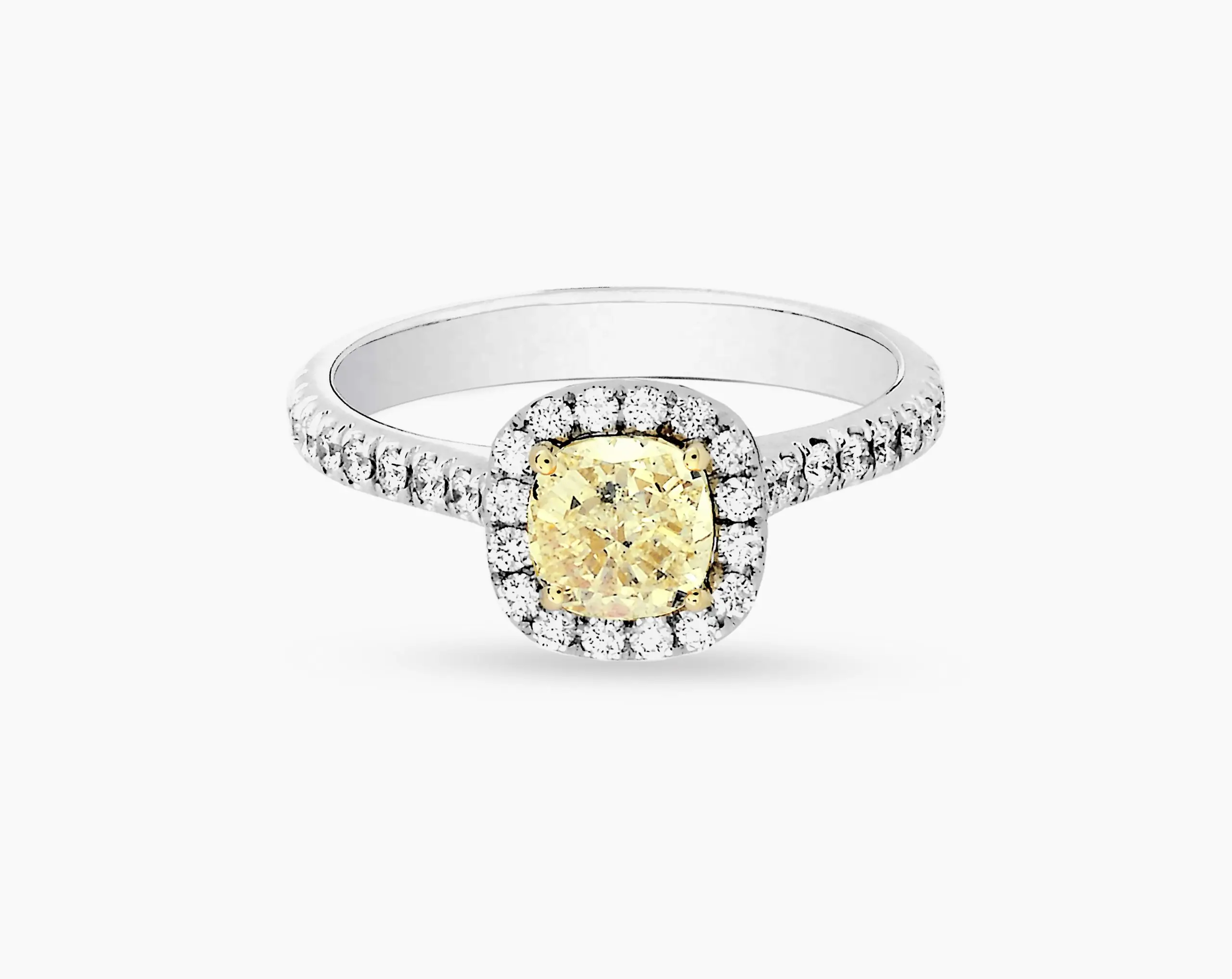 Yellow Cushion Shape Halo Diamond Ring with Side Stones