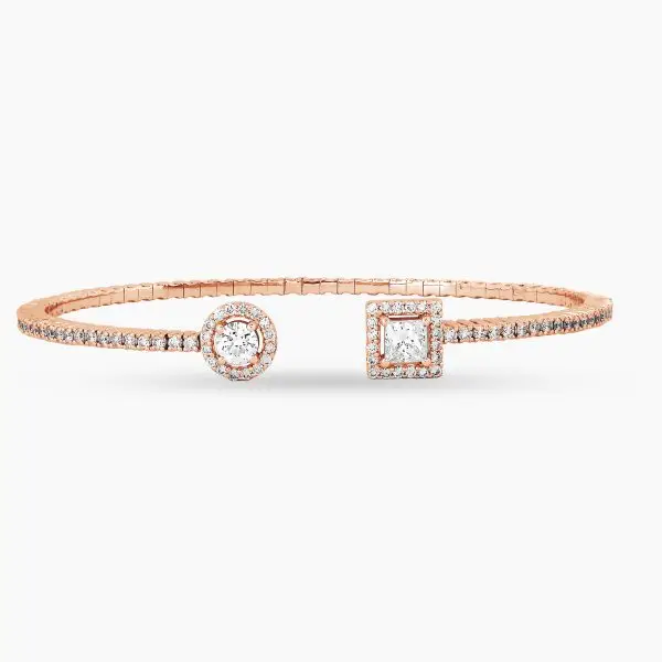 Princess and Round Shape Contrarie Diamond Bangle in Rose Gold