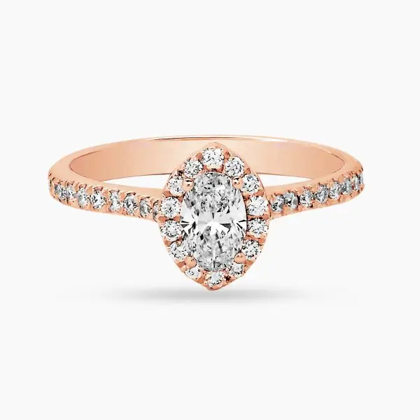 Halo Oval Shape Diamond Ring with Side Stones in Rose Gold