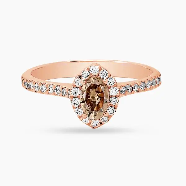 Halo Oval Shape Light Brown Diamond Ring with Side Stones in Rose Gold