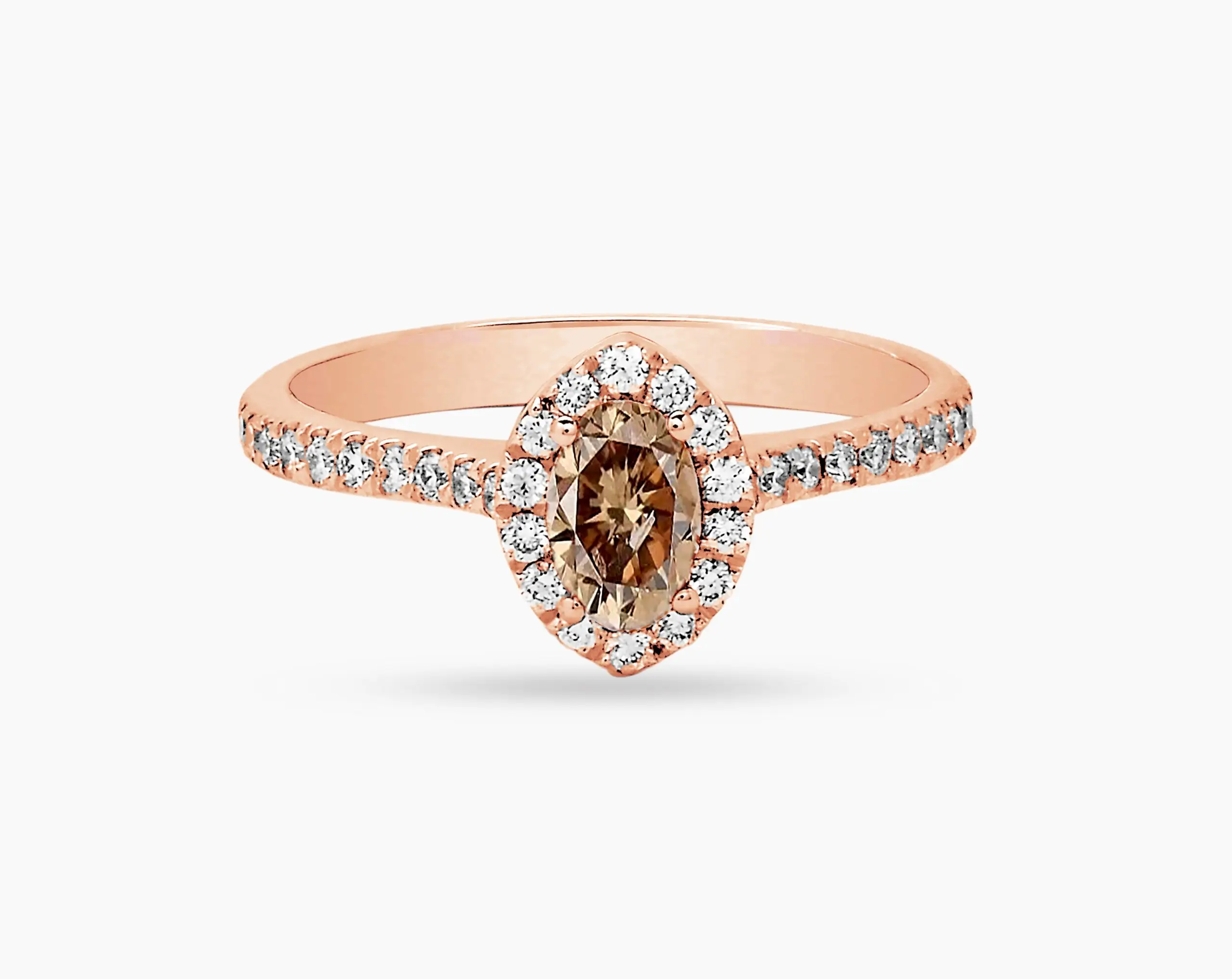 Halo Oval Shape Light Brown Diamond Ring with Side Stones in Rose Gold