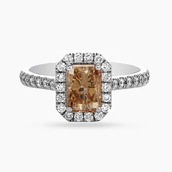 Halo Emerald Shape Light Brown Diamond Ring