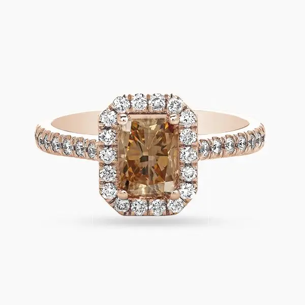 Halo Emerald Shape Light Brown Diamond Ring in Rose Gold