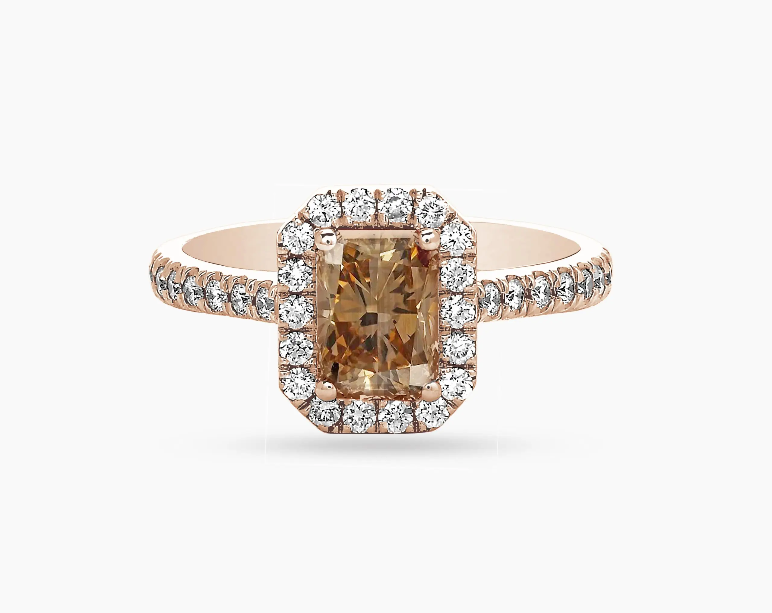 Halo Emerald Shape Light Brown Diamond Ring in Rose Gold