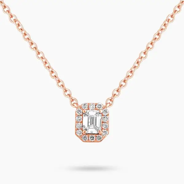 Halo Emerald Shape Diamond Pendant in Rose Gold