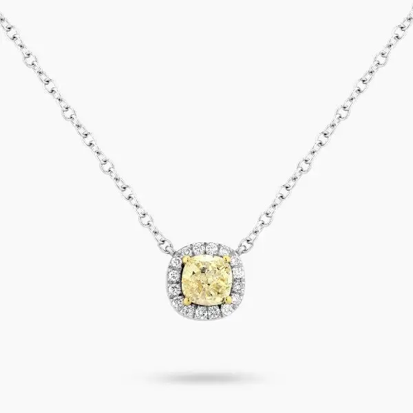 Yellow Cushion Shape Halo Diamond Pendant