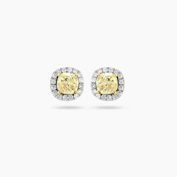 Yellow Cushion Shape Halo Diamond Earrings