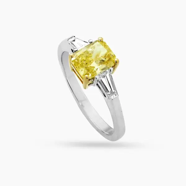 Fancy Vivid Yellow Radiant Shape and Tapers Diamond Ring