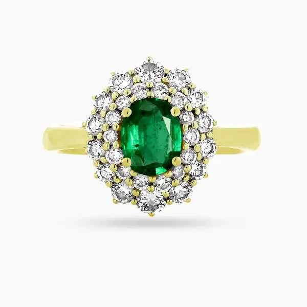 Classic Emerald and Diamond Double Halo Ring in Yellow Gold
