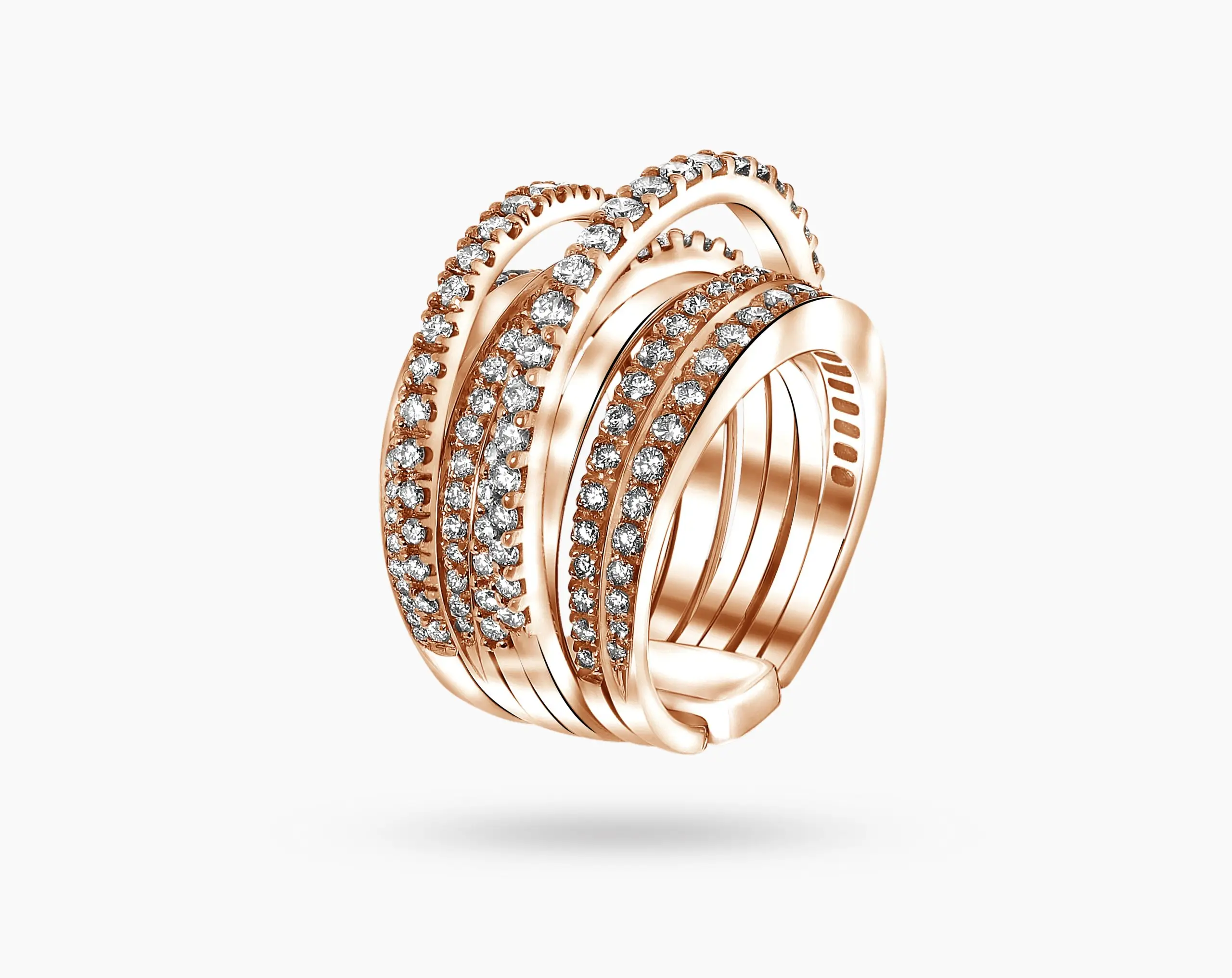 Intricate Fan Shaped Ring consisting of 7 separate Rings with a wide variety of Round Diamonds