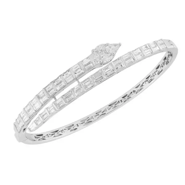 Snake Shaped Bangle Bracelet in White Gold with Baguette, Princess, Pear, Marquise Shaped Diamonds