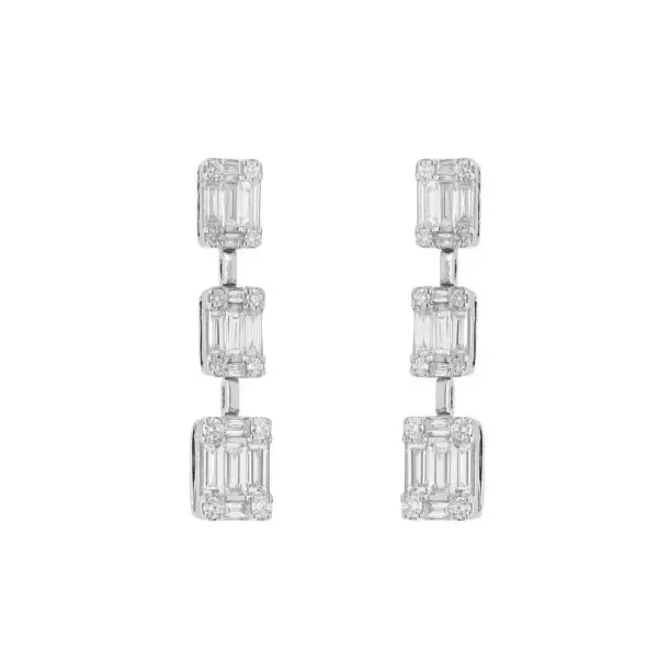 Cascade Drop Earrings in White Gold with Round and Baguette Shaped Diamonds