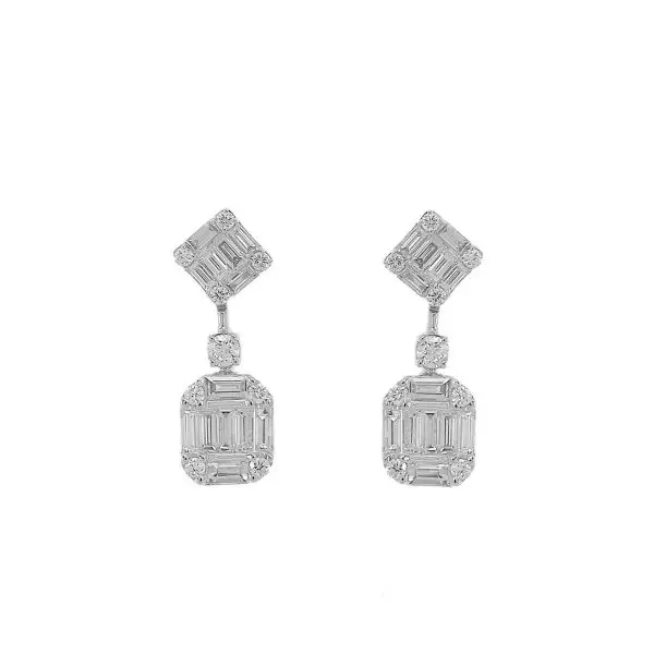 Cascade Drop Earrings in White Gold with Round Diamonds and Magic Set Princess and Emerald Shaped Diamonds