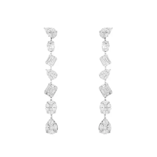 Cascade Drop Earrings in White Gold with Magic Set Pear, Oval and Emerald Shaped Diamonds