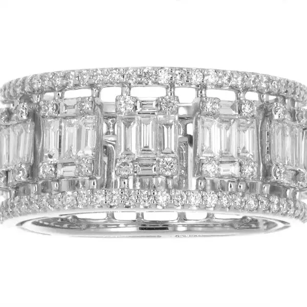 Wide Full Round Eternity Ring in White Gold with Round and Baguette Shaped Diamonds