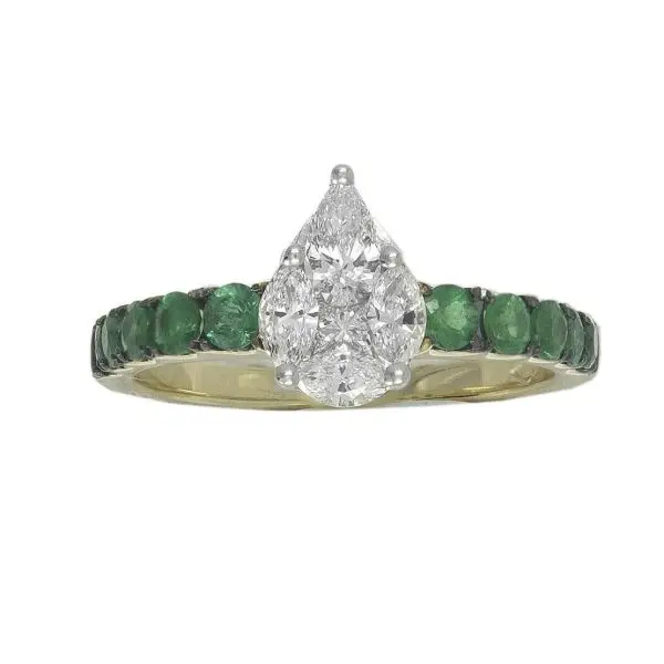 Solitaire Ring in Yellow Gold with Round Green Emeralds and Pear, Princess, Marquise Shaped Diamonds