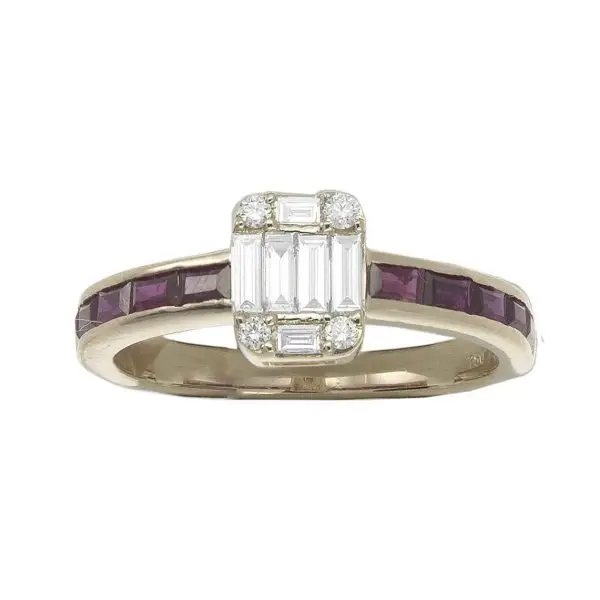 Solitaire Ring in Yellow Gold with Baguette Shaped Rubies and Magic set Emerald Shaped Diamond