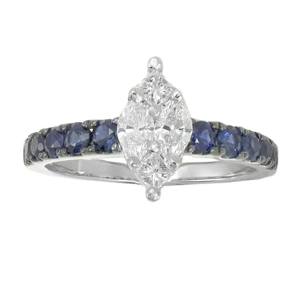 Solitaire Ring in White Gold with Round Blue Sapphires and Princess, Marquise Shaped Diamonds