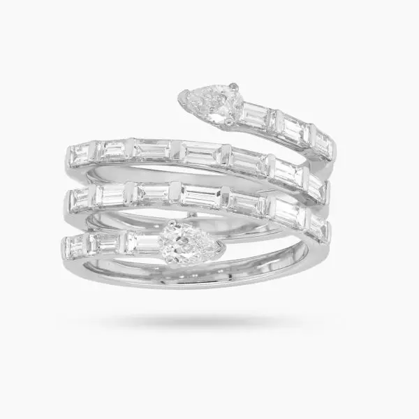 Snake Shaped Ring in White Gold with Baguette and Pear Shaped Diamonds