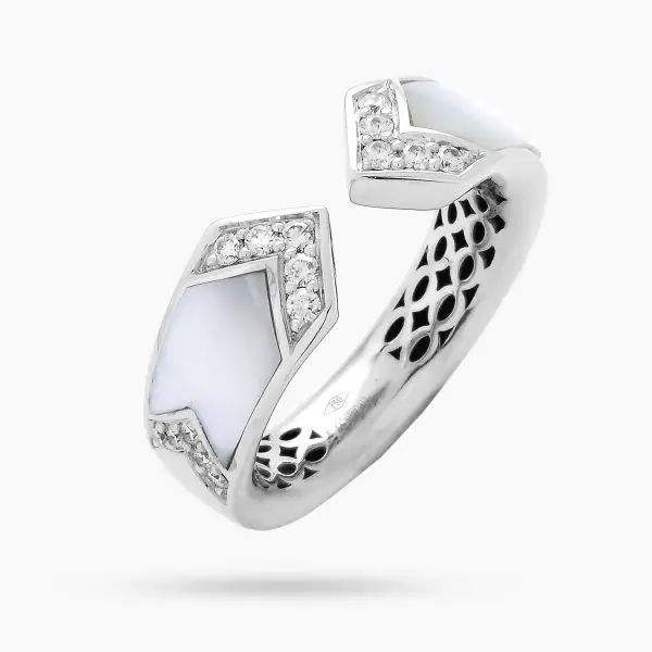 V-Shaped Bangle Ring in White Gold, Mother of Pearl and Diamonds