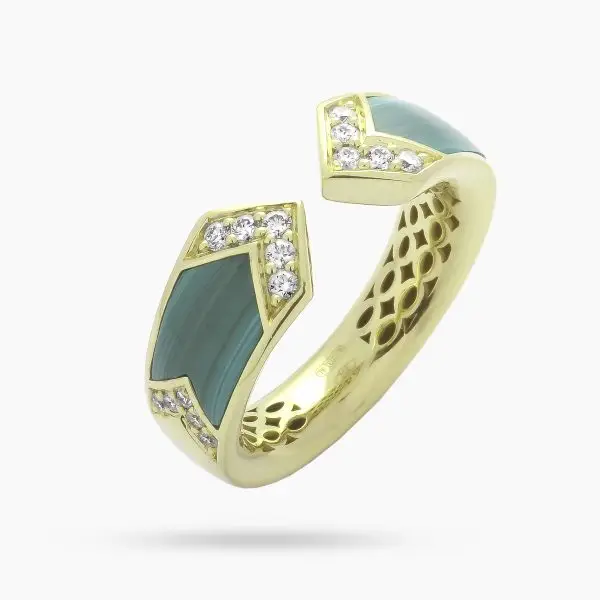 V-Shaped Bangle Ring in Yellow Gold, Green Malachite and Diamonds