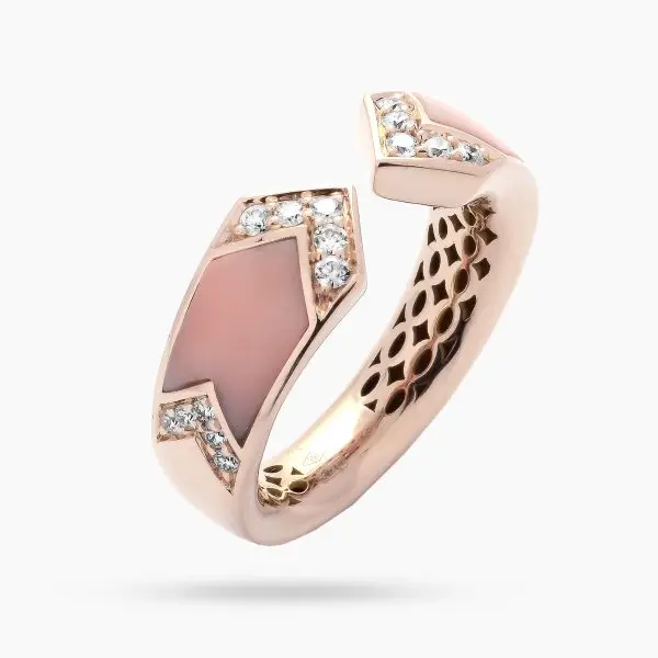 V-Shaped Bangle Ring in Rose Gold, Pink Coral and Diamonds