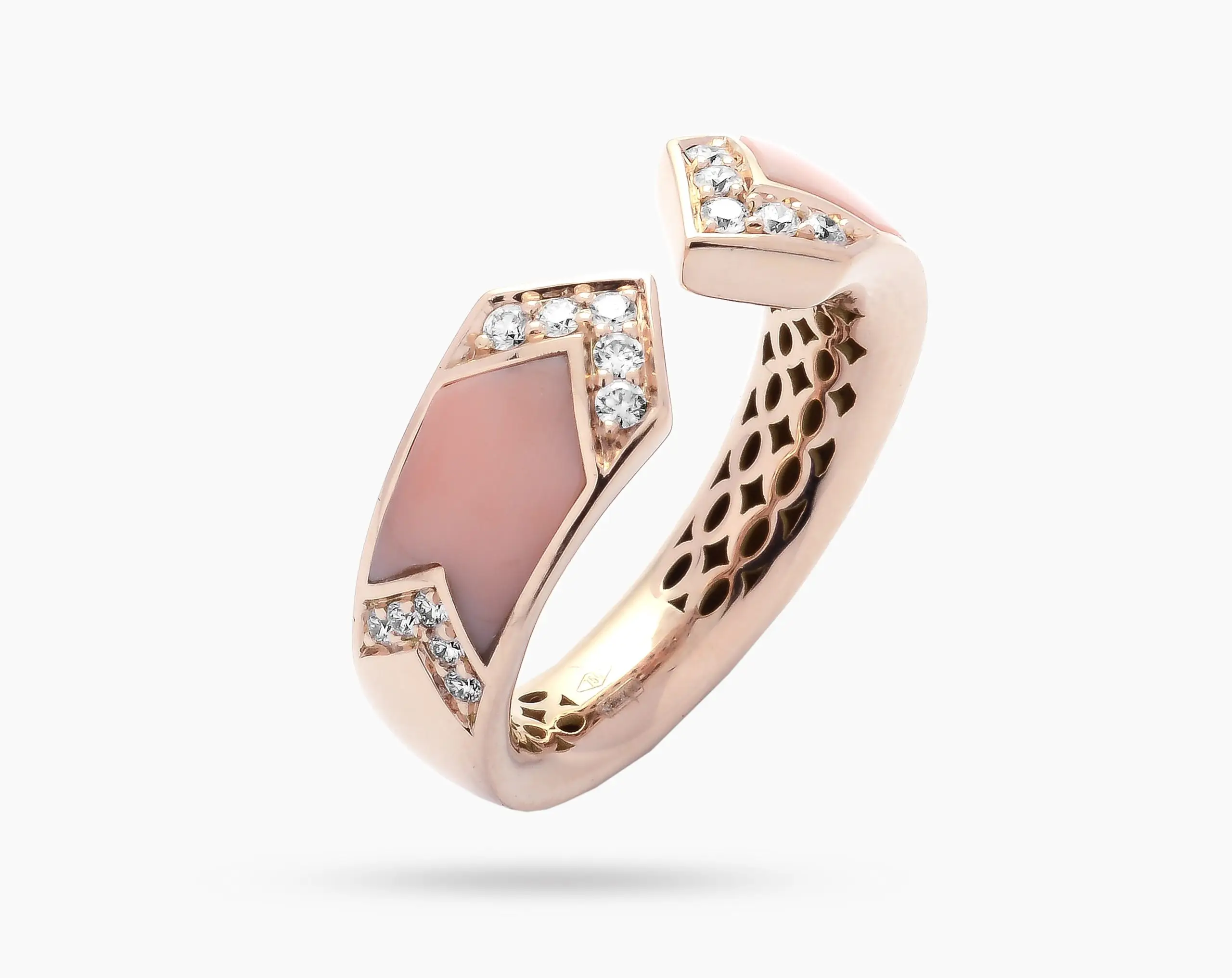 V-Shaped Bangle Ring in Rose Gold, Pink Coral and Diamonds