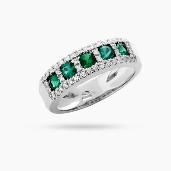 Classic Art Deco Ring in White Gold, Diamonds and Green Emeralds