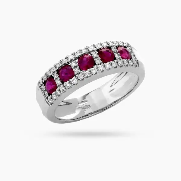 Classic Art Deco Ring in White Gold, Diamonds and Red Rubies