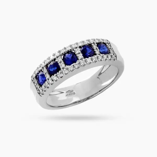 Classic Art Deco Ring in White Gold, Diamonds and Blue Sapphires