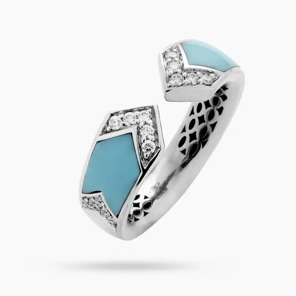 V-Shaped Bangle Ring in White Gold, Turquoise and Diamonds