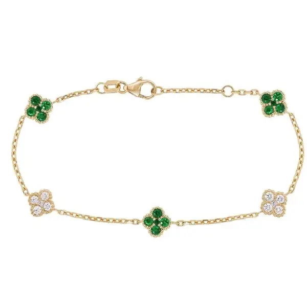 Bracelet in Yellow Gold with Round Diamonds and Green Emeralds