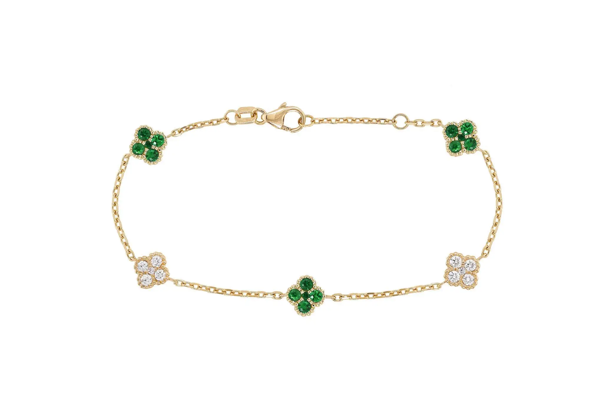 Bracelet in Yellow Gold with Round Diamonds and Green Emeralds