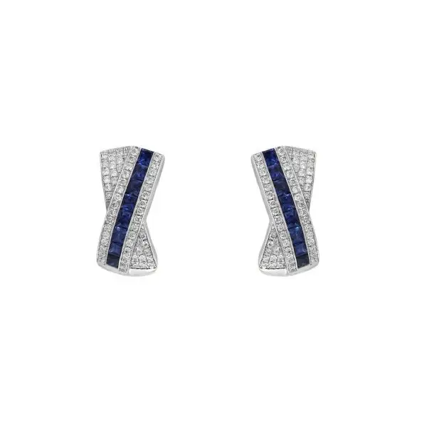 Clasp Cross Link Earrings in White Gold with Invisible Set Princess shaped Blue Sapphires and White Round Diamonds