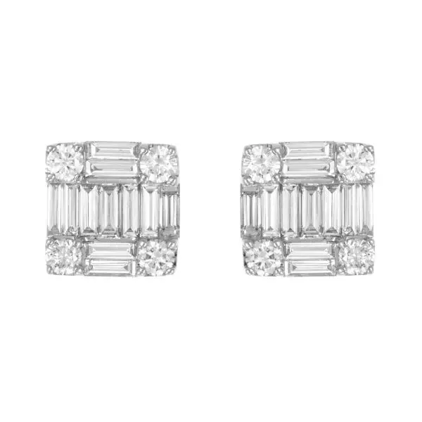 Square Earrings in White Gold with Round and Baguette shaped Diamonds