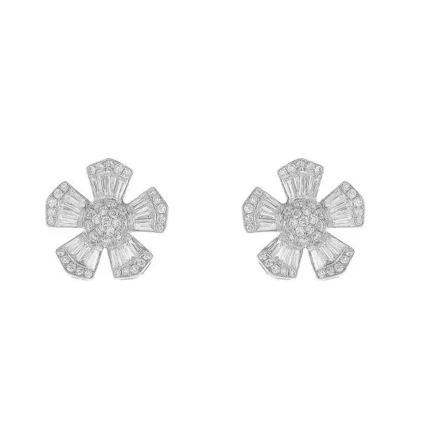 Flower Earrings in White Gold with Round Diamonds and Invisible set Tapered Baguette Shaped Diamonds