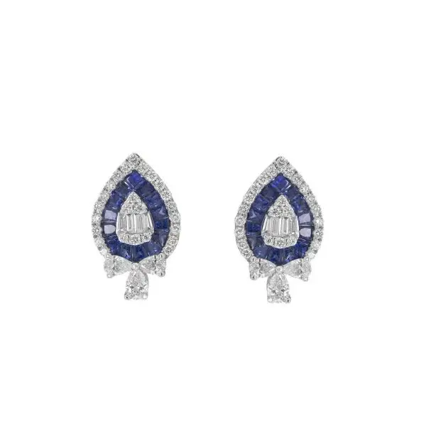 Stud Drop Earrings in White Gold with Invisible Set Princess shaped Blue Sapphires and White Round and Pear shaped Diamonds