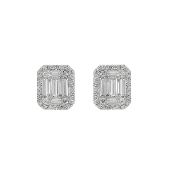Emerald shape Earrings in White Gold with Round and Baguette Shaped Diamonds