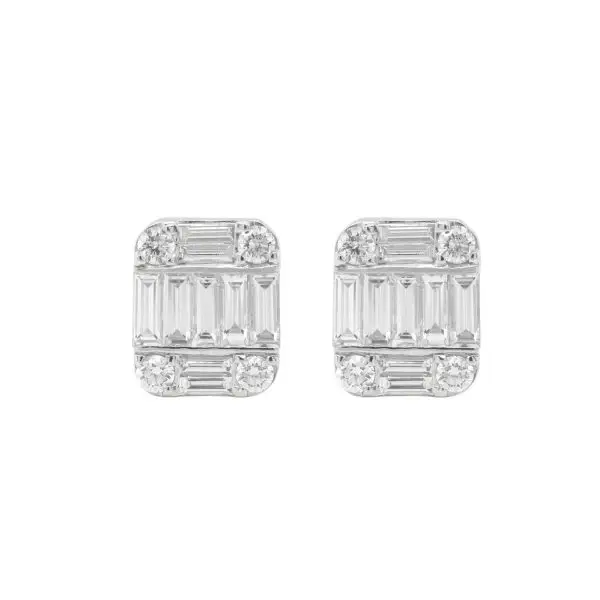 Emerald shaped Earrings in White Gold with Round and Baguette shaped Diamonds