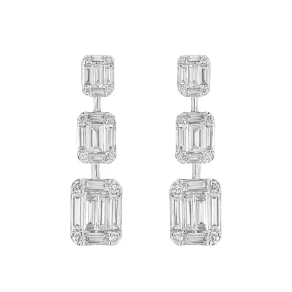Cascade Drop Earrings in White Gold with Round and Baguette Shaped Diamonds