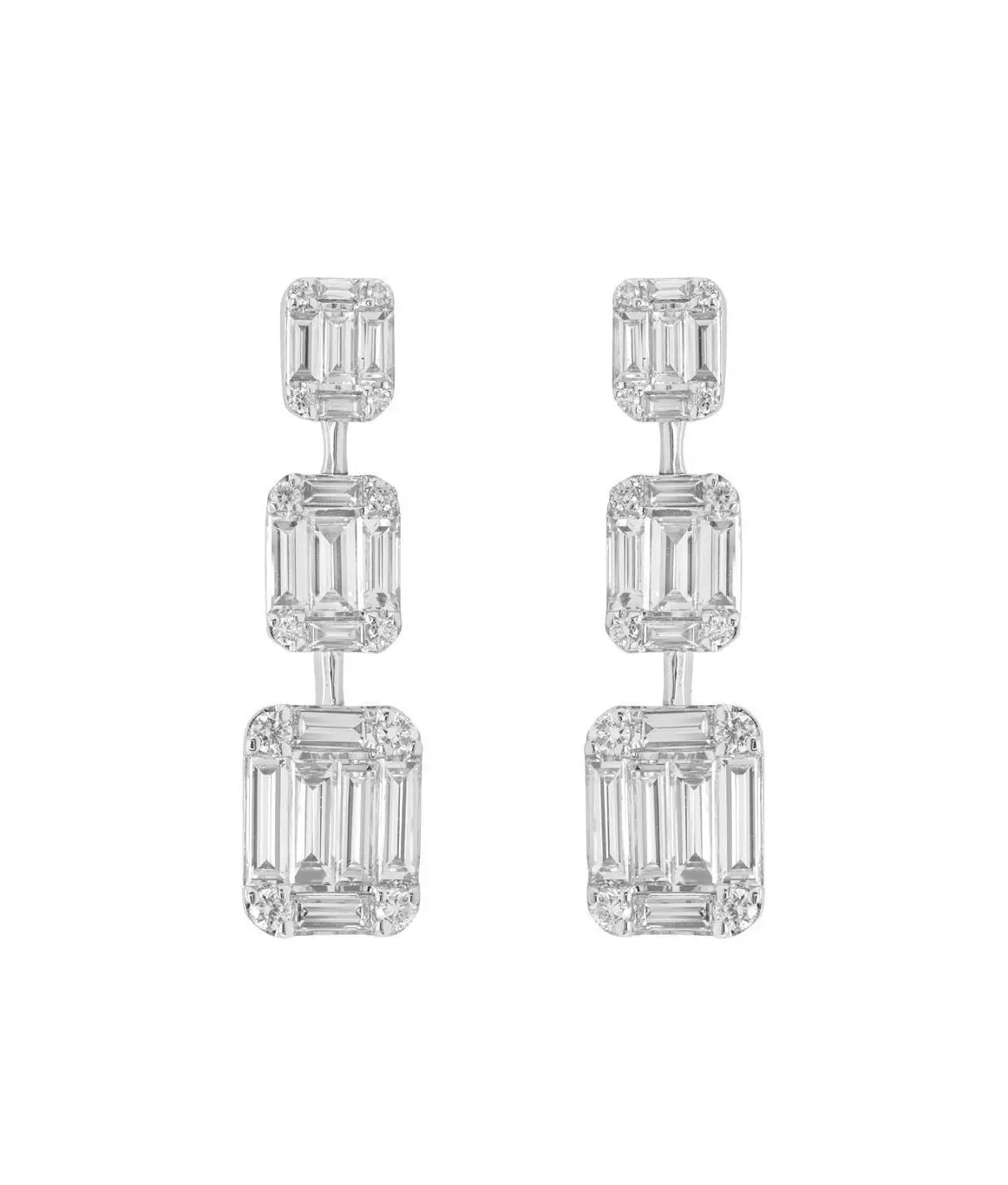 Cascade Drop Earrings in White Gold with Round and Baguette Shaped Diamonds