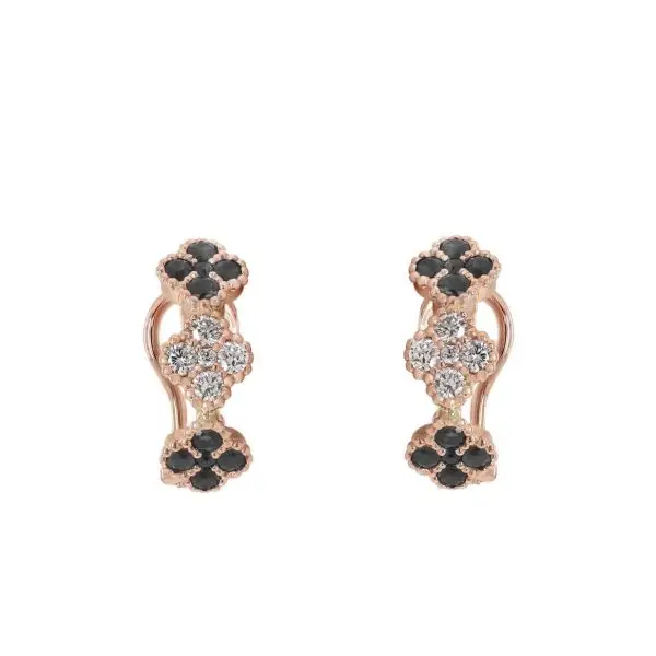Earrings in Rose Gold with Four-Leaf Clover Round White and Black Diamonds