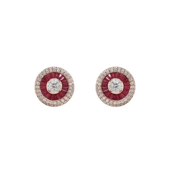 Earrings in Rose Gold with Round Diamonds and Invisible set Rubies