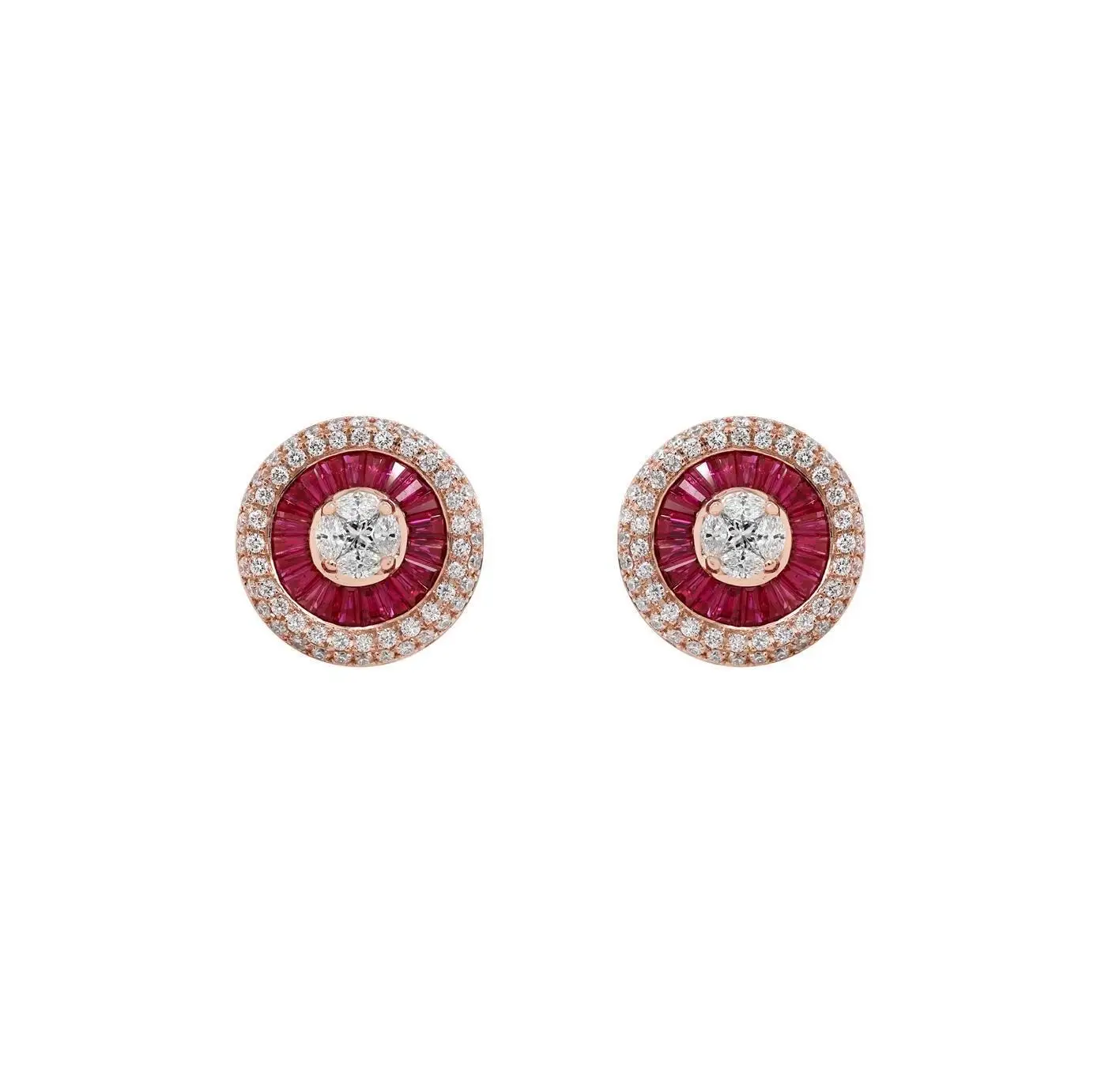 Earrings in Rose Gold with Round Diamonds and Invisible set Rubies