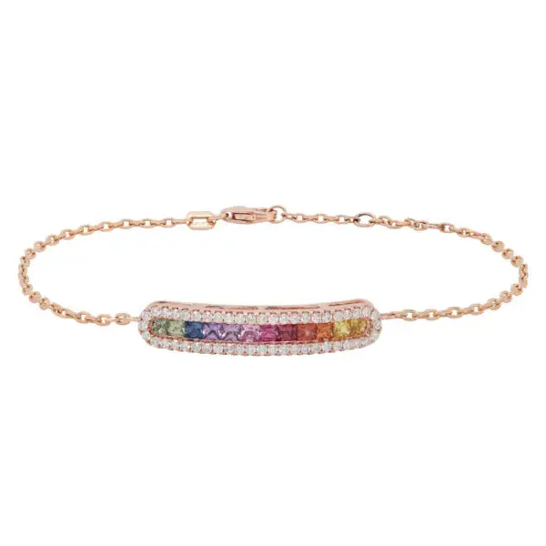 Bracelet in Rose Gold with Round Diamonds and Invisible set Multicolour Princess Shaped Sapphires