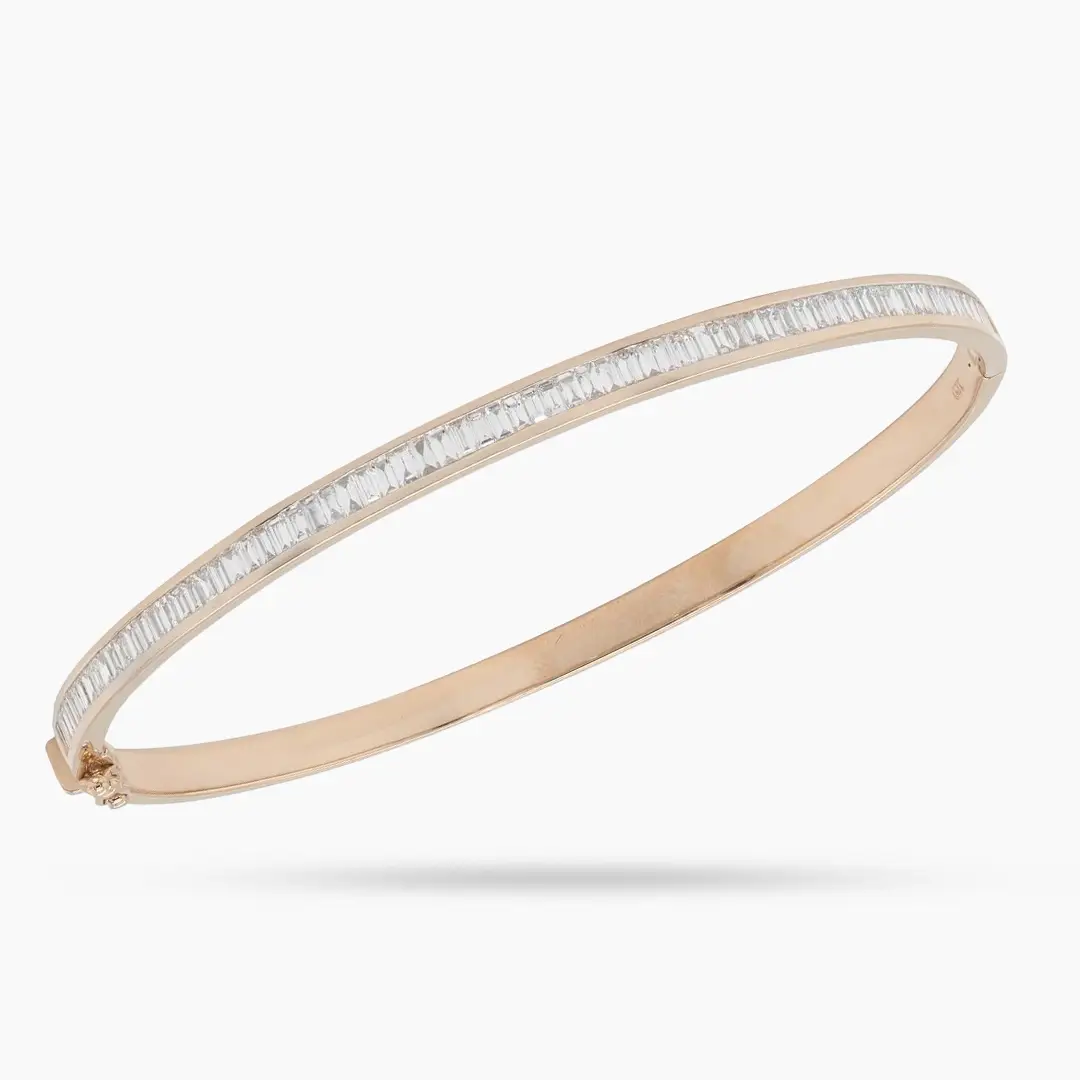 Rigid Bangle Bracelet in Rose Gold with Invisible Rails set Baguette Shaped Diamonds