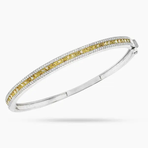 Rigid Bangle Bracelet in White Gold with Canary Yellow Princess Shaped and White Round Diamonds