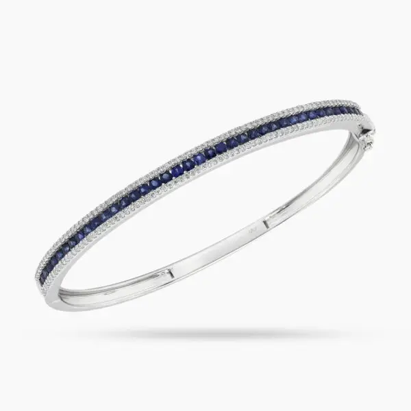 Rigid Bangle Bracelet in White Gold with Blue Round Sapphires and White Round Diamonds